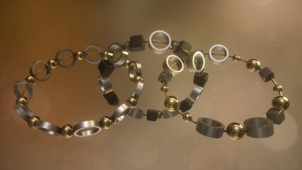 Animazione 3D con anelli con sfere e cubetti legati da un filo con colore oro ed argento
