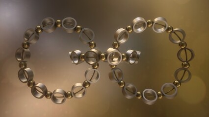 Animazione 3D con anelli con sfere legati da un filo con colore oro ed argento