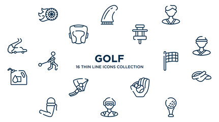 concept of 16 golf outline icons such as burnout, karateka, paddock, judoka, black flagged, visor, baseball ball, skydiver, tee vector illustration.