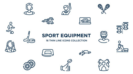 concept of 16 sport equipment outline icons such as kickboxer, lacrosse, backup car, null, rugby player, farming and gardening, autocross, coin toss, protector vector illustration.