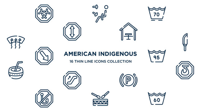 concept of 16 american indigenous outline icons such as biological hazard, 70 degree laundry, eatery, knife in sheath, null, hoist, parking lights, native americandrum, null vector illustration.