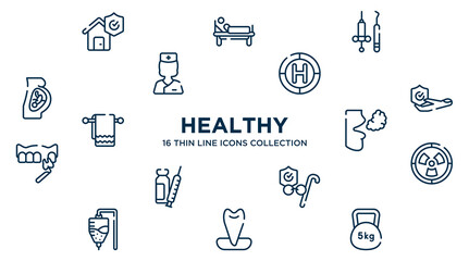 concept of 16 healthy outline icons such as disaster, dentist tools, heliport, travel insurance, bad breath, radioactive danger, retirement, canine, weights vector illustration.