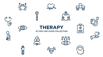 concept of 16 therapy outline icons such as seafood, denture, relations, sphygmomanometer, medical record, medical care, eye test, headache, mental health vector illustration.
