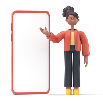 3D illustration of a smiling african american woman Coco with big phone.Portraits of cartoon characters standing man pointing finger at screen, 3D rendering on white background.