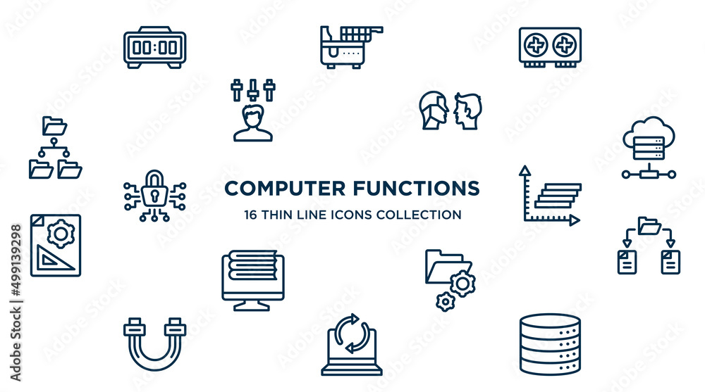 Poster concept of 16 computer functions outline icons such as digital clock, graphics card, turing test, on