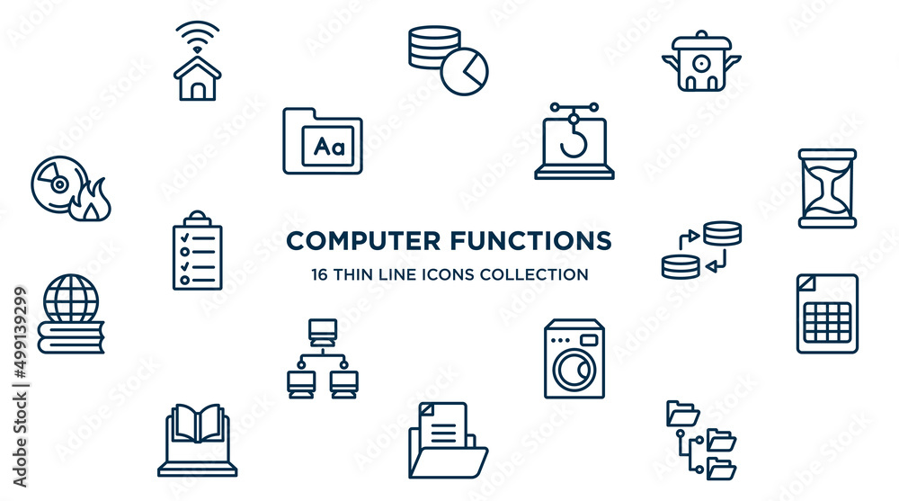 Poster concept of 16 computer functions outline icons such as smarthome, cooker, phishing, sand timer, data
