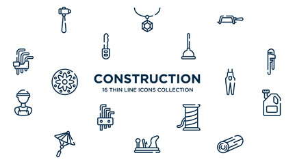 concept of 16 construction outline icons such as sledgehammer, fretsaw, plunger, hand tool, overalls, engine oil, copper wire, wood plane, woods vector illustration.