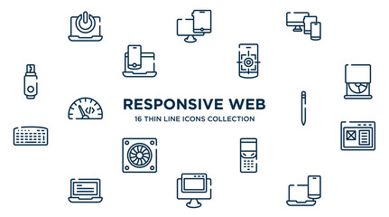 concept of 16 responsive web outline icons such as on button, monitor tablet and smartphone, focus tool, cd drive, pencil, adaptive layout, folding phone, pc with browser, multiple resolutions