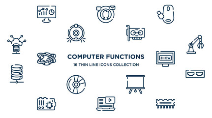 concept of 16 computer functions outline icons such as web analytics, wireless mouse, adapter, robotic arm, tv show, hdmi port, projector screen, video lesson, rom vector illustration.