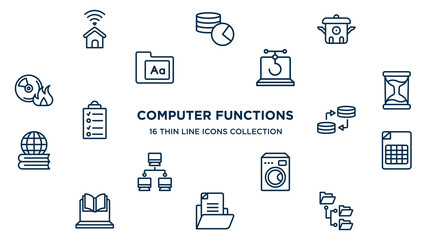 concept of 16 computer functions outline icons such as smarthome, cooker, phishing, sand timer, data transfer, null, electric appliances, document file, directory vector illustration.