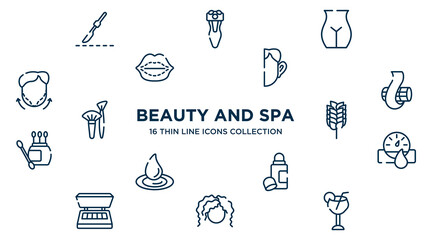 concept of 16 beauty and spa outline icons such as scalpel, , otoplasty, curl, birch whisk, hydrometer, deodorant, curling hair, margarita vector illustration.