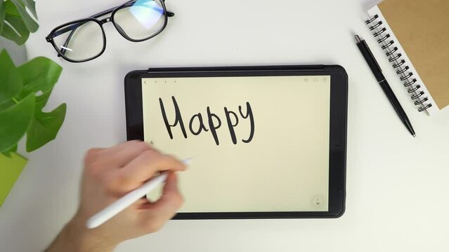 happy new year note Write text on tablet screen. Electronic pencil for widget notes. Modern reminder on screen. Top view of white desktop in office. Screen glasses. Pocket laptop for modern reminders.
