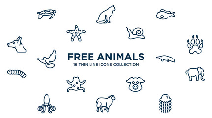 concept of 16 free animals outline icons such as swimming turtle, tropical fish, null, canine pawprint, sitting anteater, elephant alone, pig head, black sheep, swimming jellyfish vector