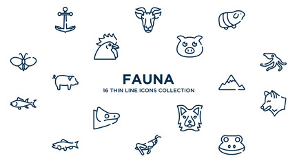 concept of 16 fauna outline icons such as boat anchor, guinea pig heag, farm pig, wild octopus, angular mountain, wolf head, border collie head, grasshopper sitting, frog head vector illustration.