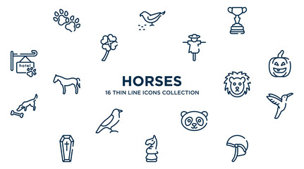 concept of 16 horses outline icons such as dog paw, horses races trophy, scarecrow, lantern, lion face, hummingbird, panda face, horse head chess piece, jockey hat vector illustration.