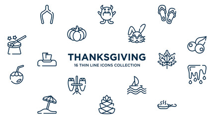 concept of 16 thanksgiving outline icons such as wishbone, flip flops, bunny, berries, fall, thaw, sailing, pine cone, pan vector illustration.
