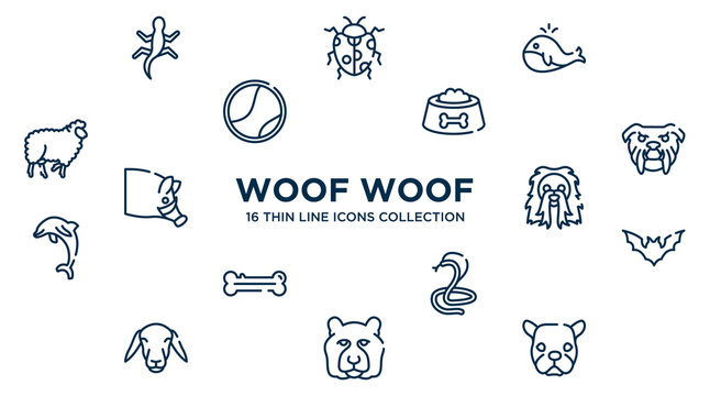 concept of 16 woof woof outline icons such as gecko, big whale, dog food bowl, angry bulldog face, long haired dog head, plain bat, poisonous cobra, tiger head, face of staring dog vector