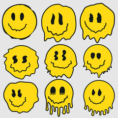 Big set distorted smile emoji isolated on white background.