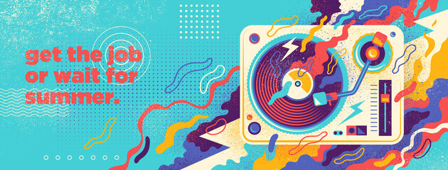 Abstract grungy style background design with gramophone and colorful splashing shapes. Vector illustration.