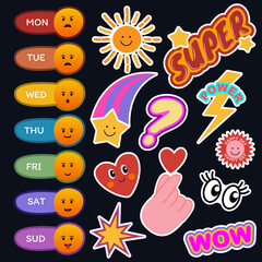 Big set modern stickers pask, days of the week with emotions.