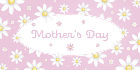 Text : Mother&rsquo;s day, on an white oval frame with white blossoms on pink background