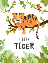 Selbstklebende Fototapeten Cute little tiger in jungle, kids poster design © Colorlife