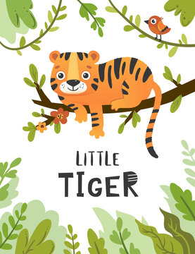 Cute little tiger in jungle, kids poster design