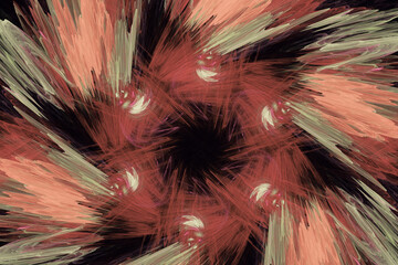 Red green floral pattern of crooked strokes on a black background. Abstract image. 3D fractal rendering