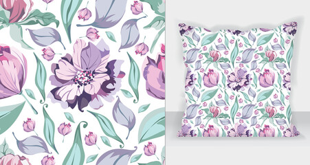 Flat floral pattern design with Square pillow mockup.