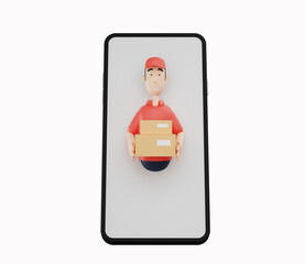 3d courier character appears from phone screen on white background. 3d rendering illustration