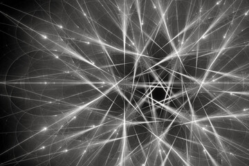 White pattern of crooked rays on a black background. Abstract image. 3D fractal rendering