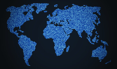 Mosaic map of the world. Vector illustration of the contour of the continents with a pixelated division in blue tones. Sketch for creativity.