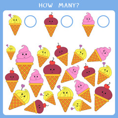 Educational math game for kids. Count how many ice cream and write the result. Vector worksheet