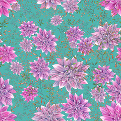 WATERCOLOR ILLUSTRATION SEAMLESS PATTERN LUSH GARDEN FLOWERS BUD WITH THIN BRANCHES WITH LEAVES,FOR WALLPAPER OR FURNITURE