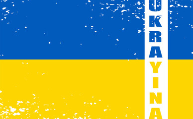 Ukrainische Flagge mit Schriftzug Ukrayina und grafisch gesprengelten Muster