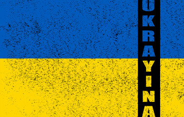 Ukrainische Fahne mit Schriftzug Ukrayina und schwarz gesprenkelter Oberfläche