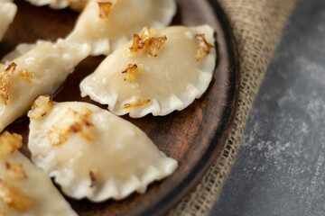 Dumplings stuffed with meat, ravioli, dumplings. Dumplings with stuffing. Copy space