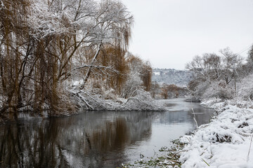Winter snow park river landscape. Winter park river