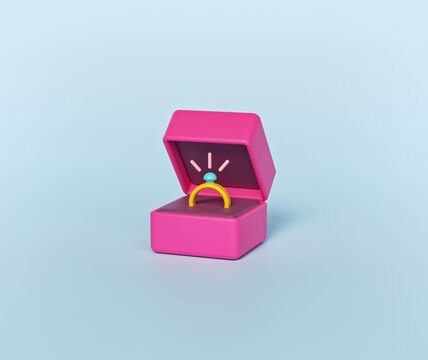 3d Render. Pink Box With Wedding Ring Symbol Isolated Icon. Minimal Cartoon Style Engagement Ring.