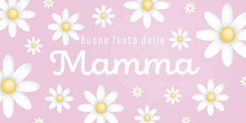 Italian text : Buona festa della Mamma, with many white flowers on a pink background