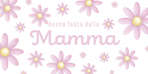 Italian text : Buona festa della Mamma, with many pink blossoms on a white background