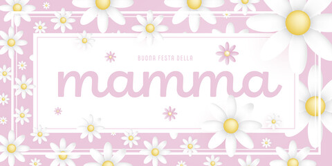 Italian text : Buona festa della Mamma, on an white rectangular frame with white blossoms on pink background