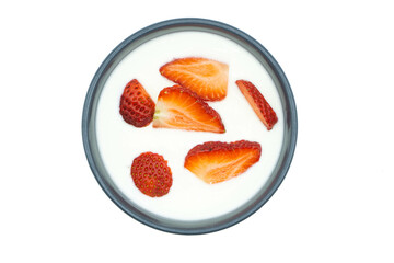 Yogurt with strawberry  isolated on white background top view