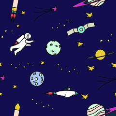 dark blue space seamless pattern. Planets, rocket, astronaut in outer space. Vector illustration.