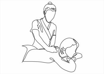 Relaxed woman getting back massage in spa with professional massage therapist. Wellness, healing and relaxation concept.Continuous one line