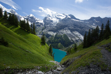 Fototapeta na wymiar Oeschinensee in Switzerland seen from a hill