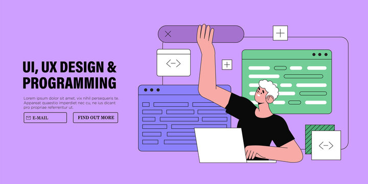 Web designer, programmer or freelancer work on web and ui application development usability, design or redesign on computer or device interface. Software developers and coding banner or landing page.