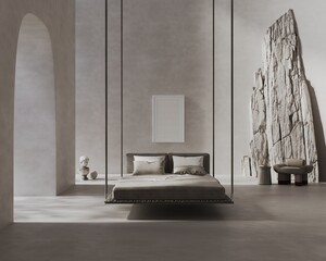 3d render illustration mockup. Big cozy bedroom with rock behind, chair and sculptures
