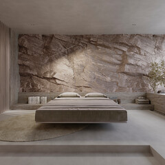 3d render illustration mockup. Bej bedroom with rock behind and lamp