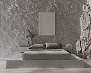3d render illustration mockup. Grey bedroom with bed on concrete podium and rock wall behind for art product display